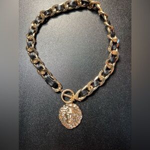 Black Faux Leather Gold Tone Link Chain Wrap Bracelet Lion Dangle Toggle Clasp